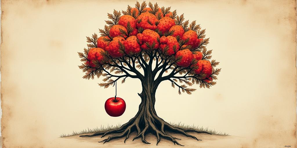 Tree of life,1apple hanging, 1 on groundin new school tattoo, pop culture, modern, detailed tattoo, illustrative - Variation 3