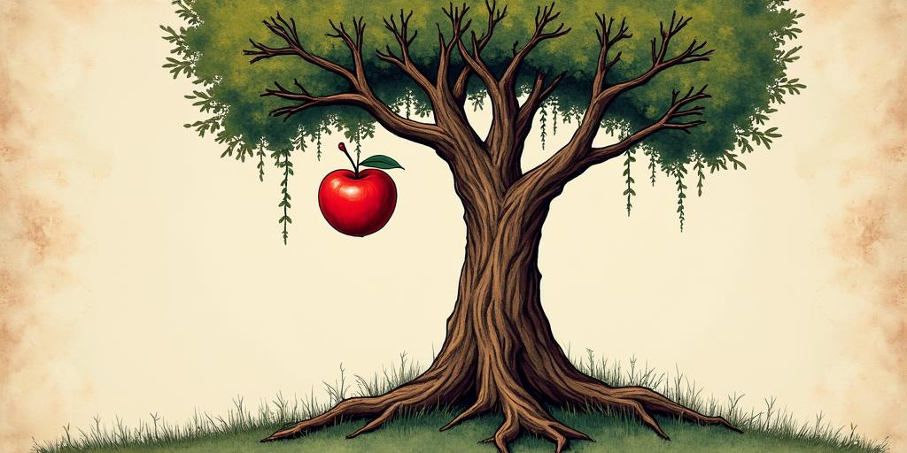 Tree of life,1apple hanging, 1 on groundin new school tattoo, pop culture, modern, detailed tattoo, illustrative - Variation 2