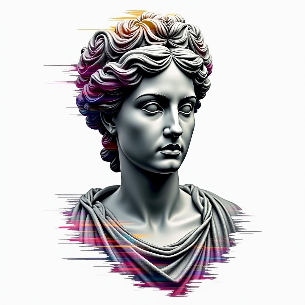 Magpiesin distorted and fragmented tattoo design, featuring a classical statue bust, in a glitch art style with vibrant, overlapping colors of cyan, magenta, and yellow, creating a digital distortion effect - Variation 3