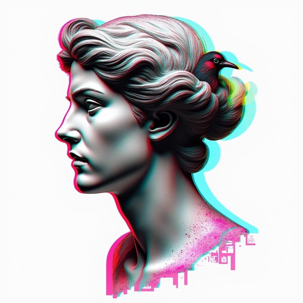 Magpiesin distorted and fragmented tattoo design, featuring a classical statue bust, in a glitch art style with vibrant, overlapping colors of cyan, magenta, and yellow, creating a digital distortion effect - Variation 2