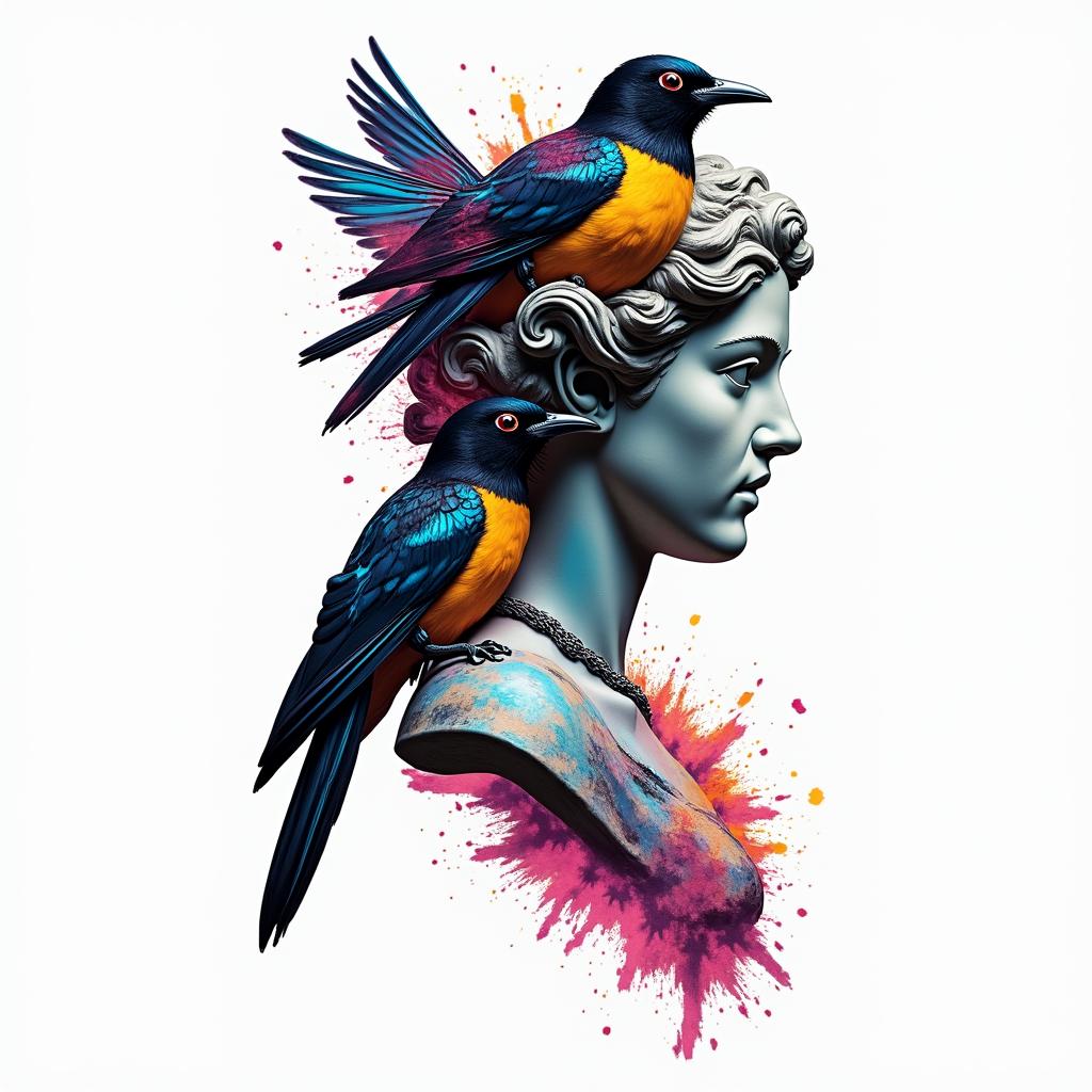 Magpiesin distorted and fragmented tattoo design, featuring a classical statue bust, in a glitch art style with vibrant, overlapping colors of cyan, magenta, and yellow, creating a digital distortion effect