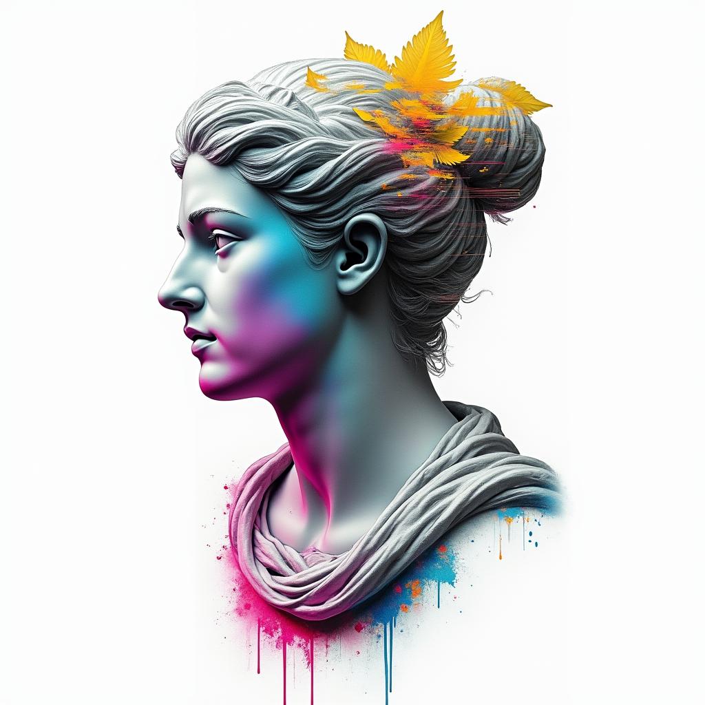 Magpiesin distorted and fragmented tattoo design, featuring a classical statue bust, in a glitch art style with vibrant, overlapping colors of cyan, magenta, and yellow, creating a digital distortion effect - Variation 4