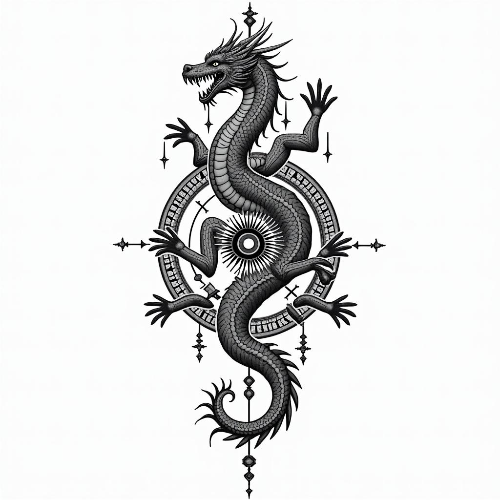Islamic art. Dragon.in spiritual symbols tattoo style, featuring an intricate design incorporating elements, Hamsa hand, third eye, minimalist composition - Variation 3