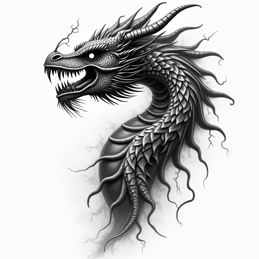 Lightning and fire dragon in horror tattoo style, showcasing haunting and unsettling, dark and gritty textures with skulls, eerie faces, jgged designs, bold and intense shading - Variation 3