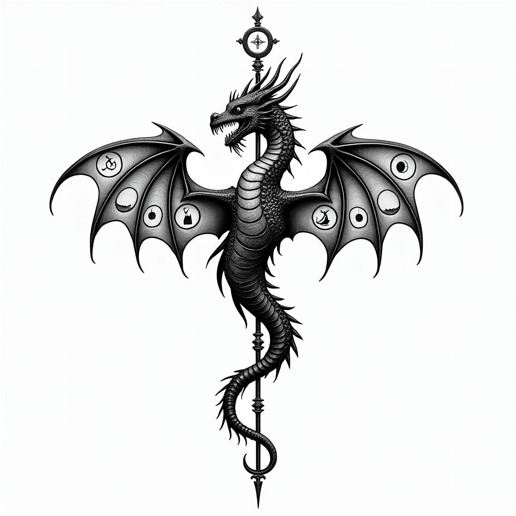 Islamic art. Dragon.in paganic style tattoo, featuring ancient symbols, add vegvisir symbol, mystical figures, incorporating designs, pentagrams, runes, crescent moons, - Variation 4