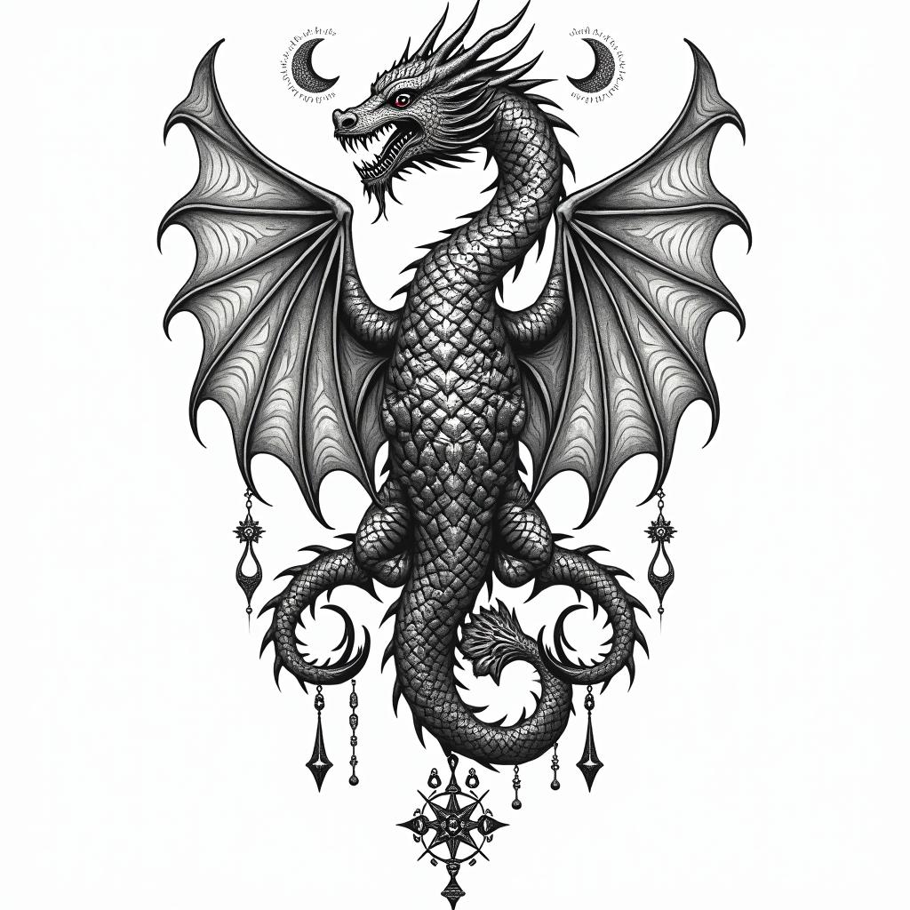 Islamic art. Dragon.in paganic style tattoo, featuring ancient symbols, add vegvisir symbol, mystical figures, incorporating designs, pentagrams, runes, crescent moons, - Variation 3