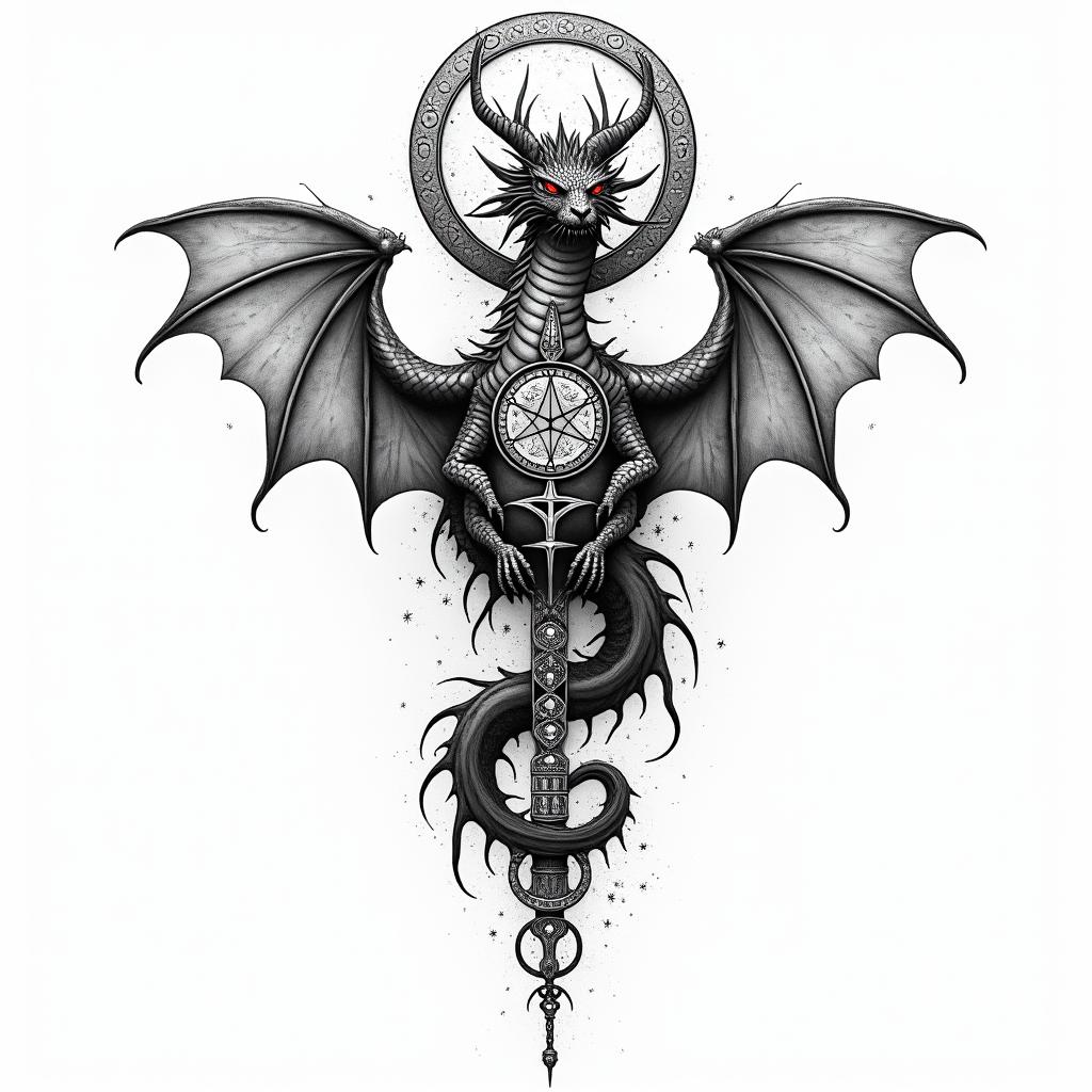 Islamic art. Dragon.in paganic style tattoo, featuring ancient symbols, add vegvisir symbol, mystical figures, incorporating designs, pentagrams, runes, crescent moons, - Variation 2