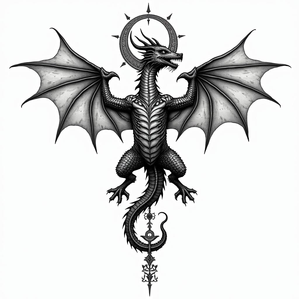 Islamic art. Dragon.in paganic style tattoo, featuring ancient symbols, add vegvisir symbol, mystical figures, incorporating designs, pentagrams, runes, crescent moons, - Variation 1