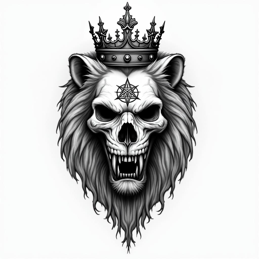 Lioness with crown on headcreepy horror tattoo style, featuring an eerie and unsettling skull of a demonic creature, distorted face with sharp fangs, add pentagram symbol - Variation 3