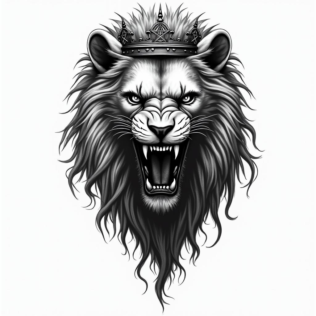 Lioness with crown on headcreepy horror tattoo style, featuring an eerie and unsettling skull of a demonic creature, distorted face with sharp fangs, add pentagram symbol - Variation 2