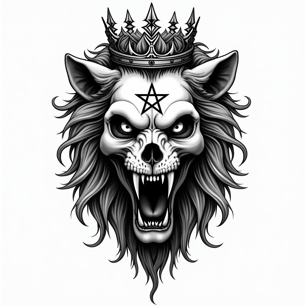 Lioness with crown on headcreepy horror tattoo style, featuring an eerie and unsettling skull of a demonic creature, distorted face with sharp fangs, add pentagram symbol - Variation 4