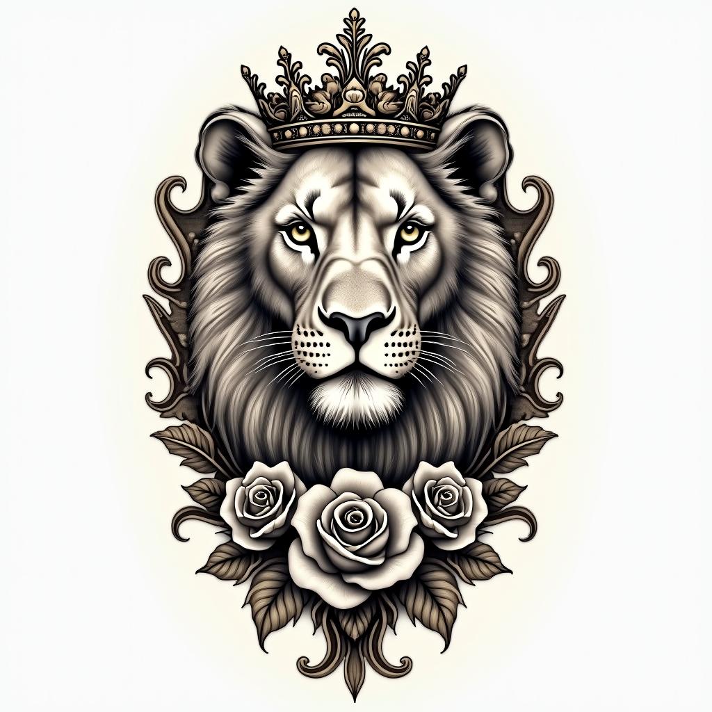 Lioness with crown on headin victorian style tattoo, featuring vintage and elegant elements, ornate frames, roses, antique, sepia-toned color scheme - Variation 3
