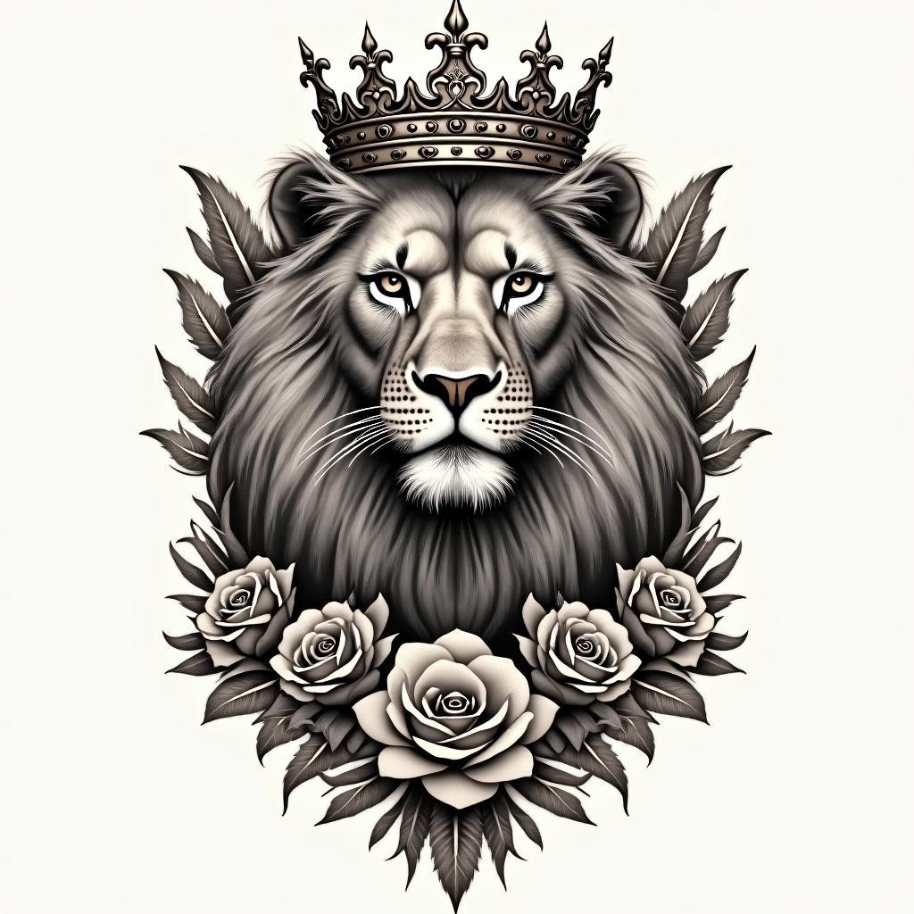 Lioness with crown on headin victorian style tattoo, featuring vintage and elegant elements, ornate frames, roses, antique, sepia-toned color scheme