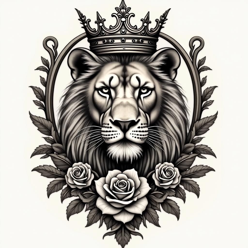 Lioness with crown on headin victorian style tattoo, featuring vintage and elegant elements, ornate frames, roses, antique, sepia-toned color scheme - Variation 4