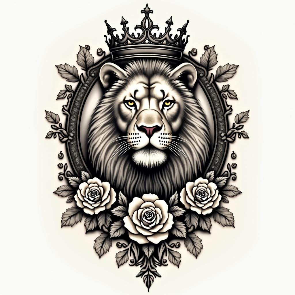 Lioness with crown on headin victorian style tattoo, featuring vintage and elegant elements, ornate frames, roses, antique, sepia-toned color scheme - Variation 2