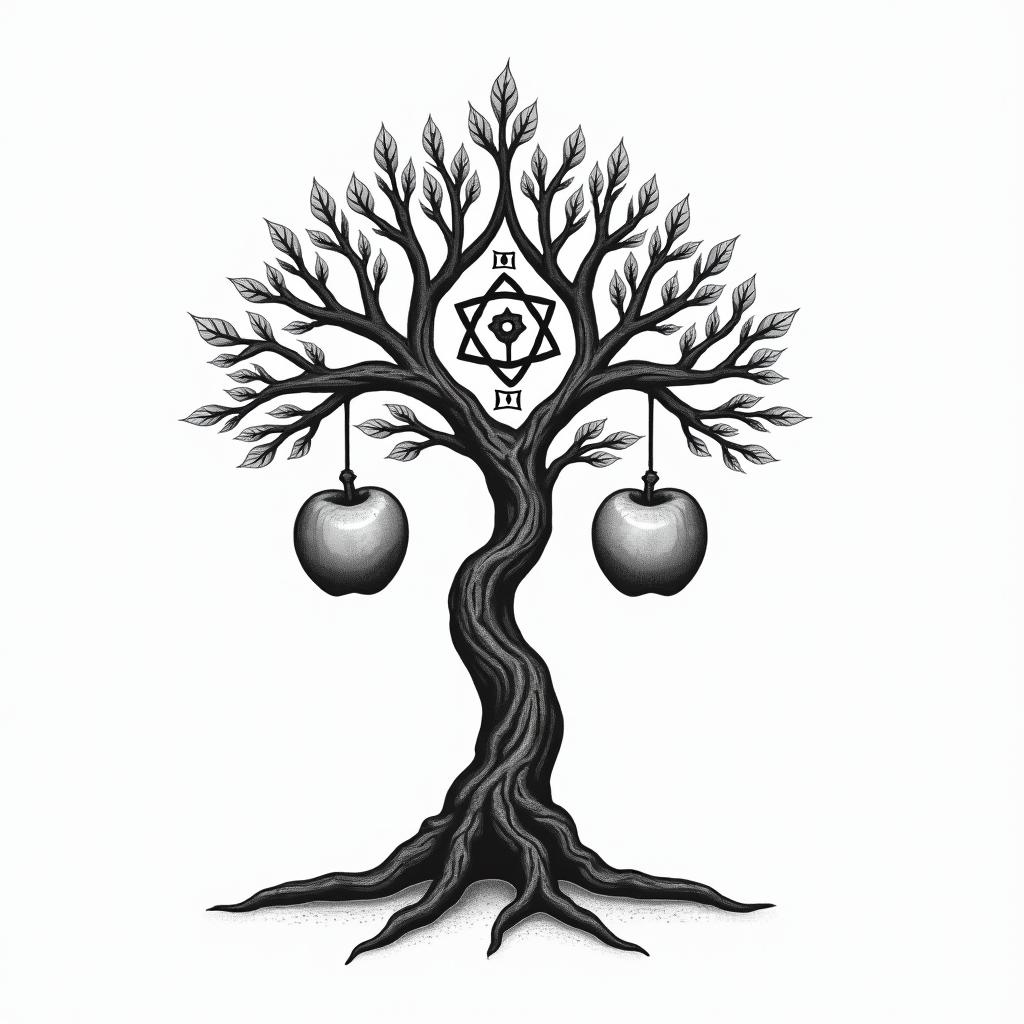 Life tree, 2 apples, 1 on tree, 1 on groundin spiritual symbols tattoo style, featuring an intricate design incorporating elements, Hamsa hand, third eye, minimalist composition - Variation 3