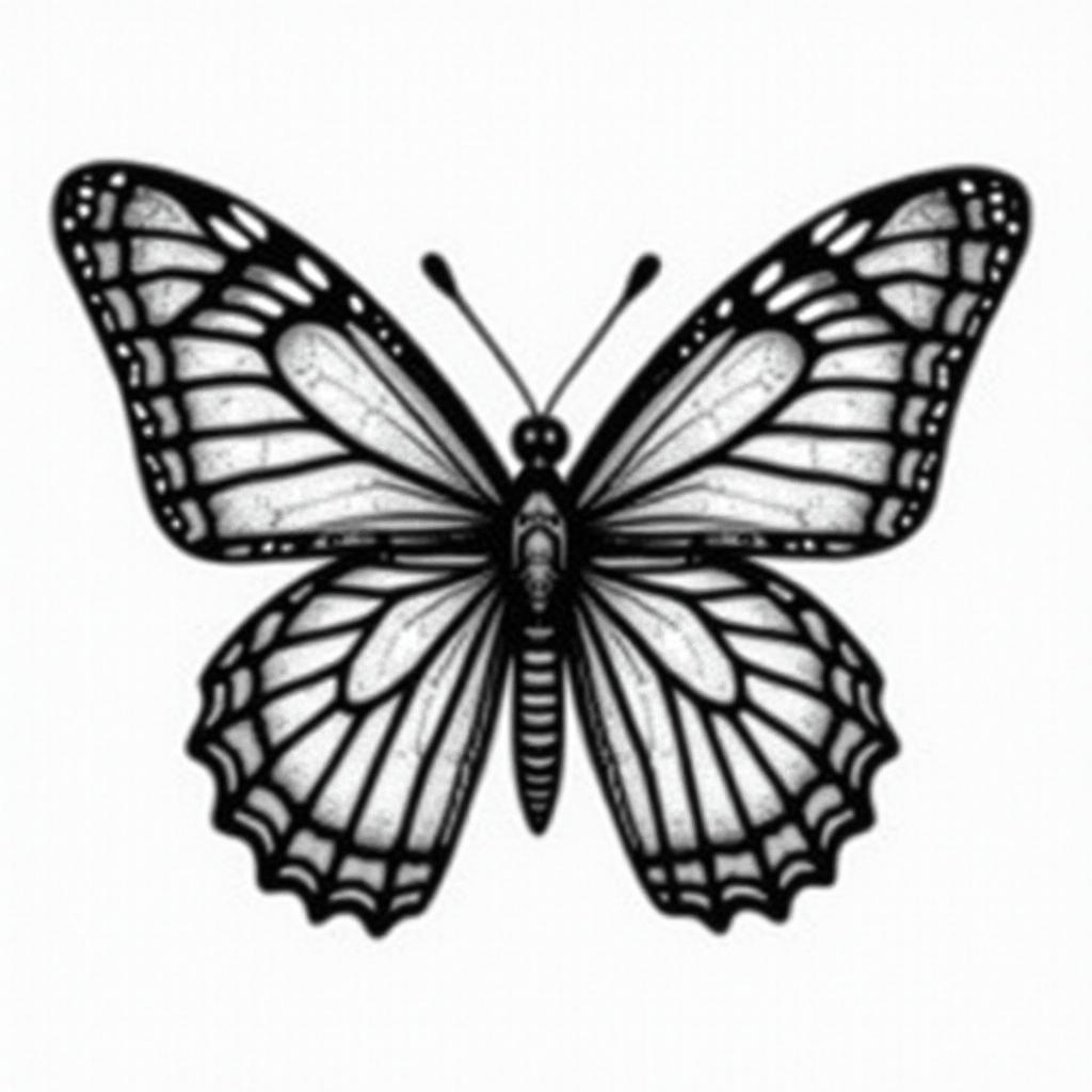 Butterfly with intricate wing patterns in geometric style tattoo, blending hexagons, mandala-inspired patterns, symmetrical and fractal design, clean lines, sharp angles - Variation 5