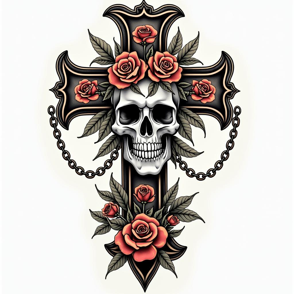 May 2 1973 1:32pmin chicano style tattoo, featuring intricate black and grey shading, bold elements of traditional chicano culture symbols, add a big cross with skull, chains and roses - Variation 4