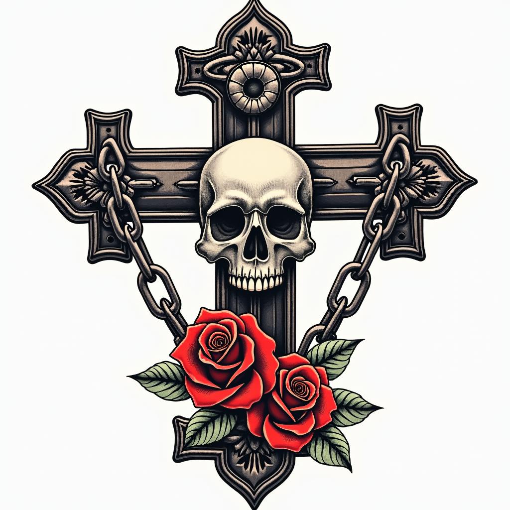 May 2 1973 1:32pmin chicano style tattoo, featuring intricate black and grey shading, bold elements of traditional chicano culture symbols, add a big cross with skull, chains and roses - Variation 3
