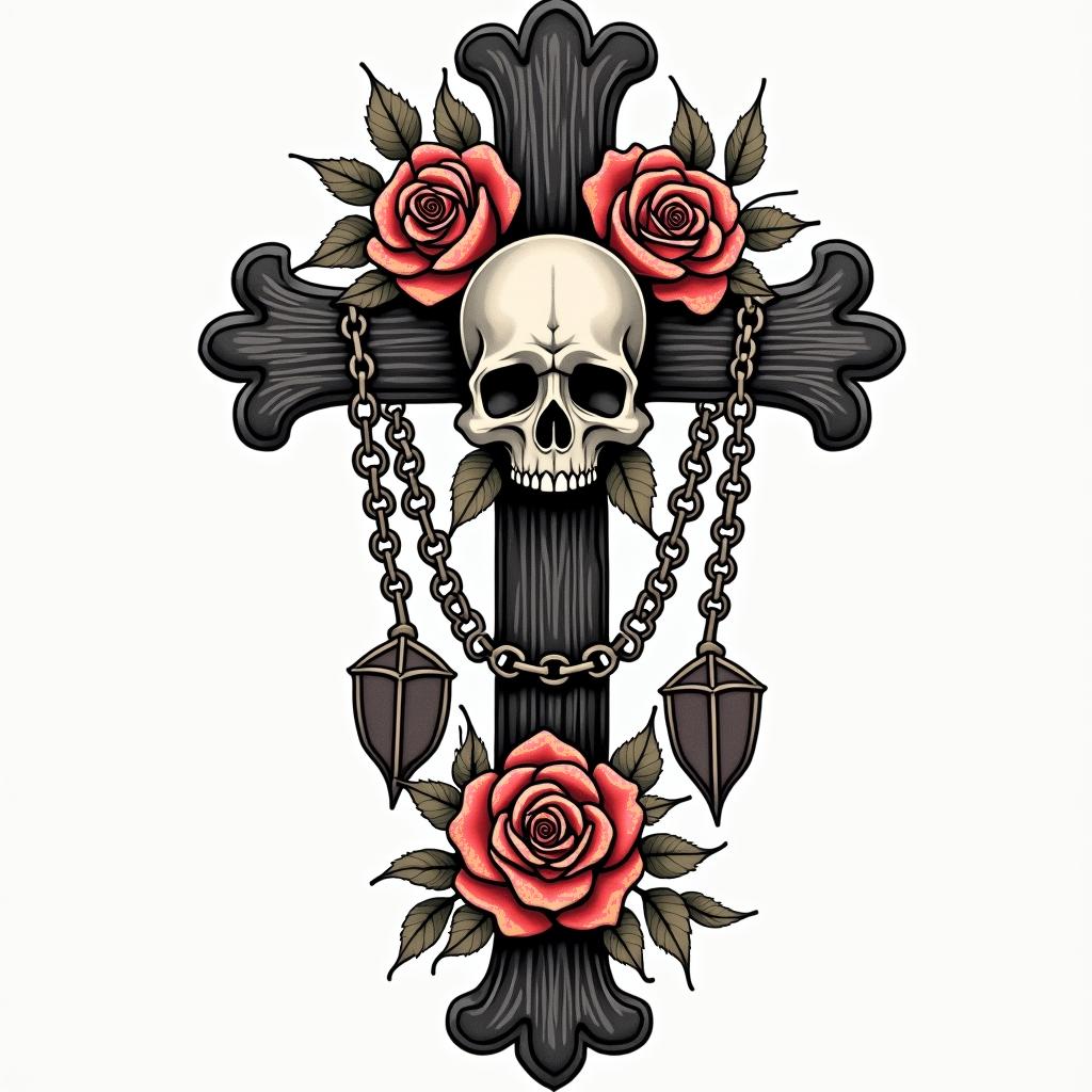 May 2 1973 1:32pmin chicano style tattoo, featuring intricate black and grey shading, bold elements of traditional chicano culture symbols, add a big cross with skull, chains and roses