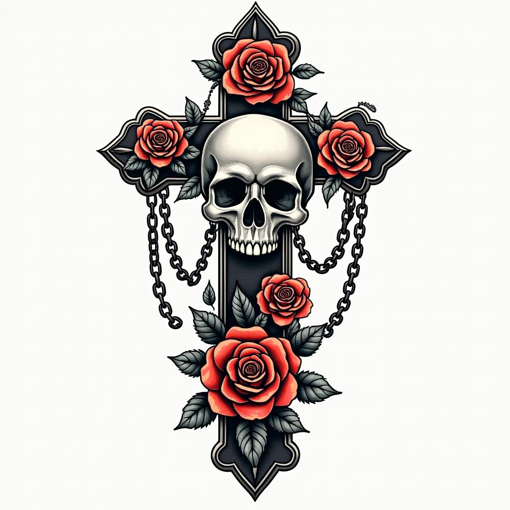 May 2 1973 1:32pmin chicano style tattoo, featuring intricate black and grey shading, bold elements of traditional chicano culture symbols, add a big cross with skull, chains and roses - Variation 2