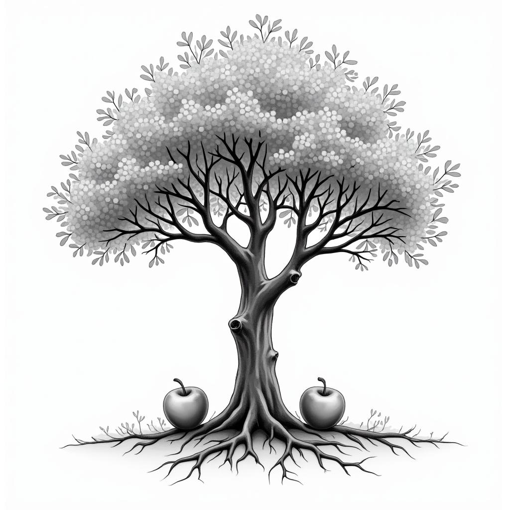 Life tree, 2 apples, 1 on tree, 1 on groundin new school tattoo, pop culture, modern, detailed tattoo, illustrative - Variation 4