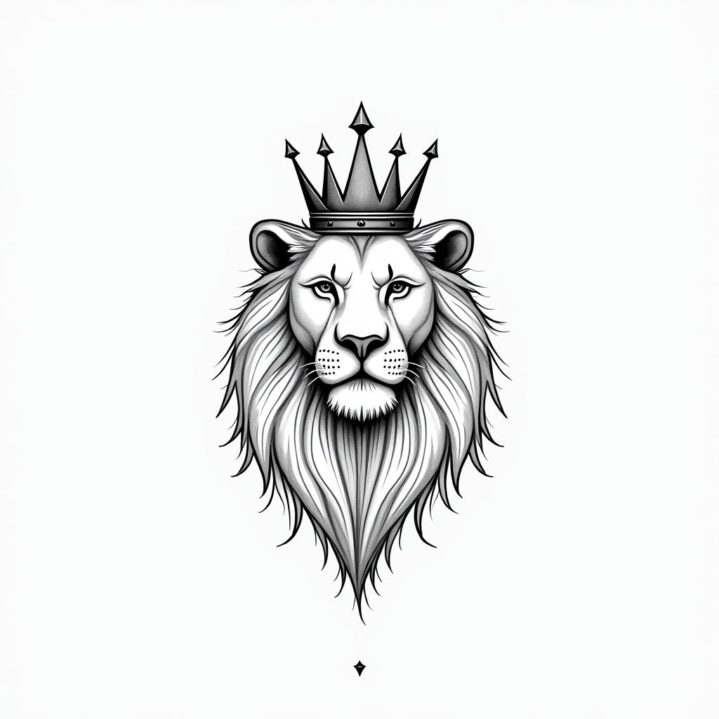 Lioness with crown on headin minimalist style tattoo, featuring simple shapes and fine lines, with minimal shading and details, tiny triangles, creating a sense of balance and harmony
