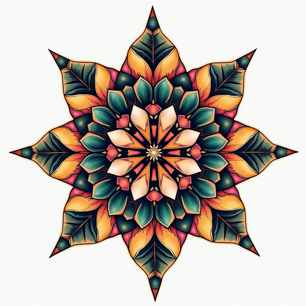 May 2 1973 1:32pm in geometric style tattoo, blending hexagons, mandala-inspired patterns, symmetrical and fractal design, clean lines, sharp angles - Variation 2