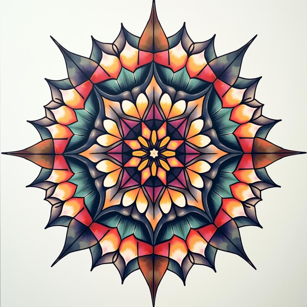 May 2 1973 1:32pm in geometric style tattoo, blending hexagons, mandala-inspired patterns, symmetrical and fractal design, clean lines, sharp angles - Variation 4