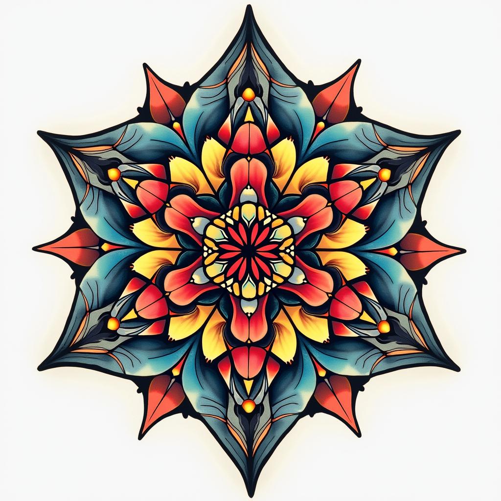 May 2 1973 1:32pm in geometric style tattoo, blending hexagons, mandala-inspired patterns, symmetrical and fractal design, clean lines, sharp angles