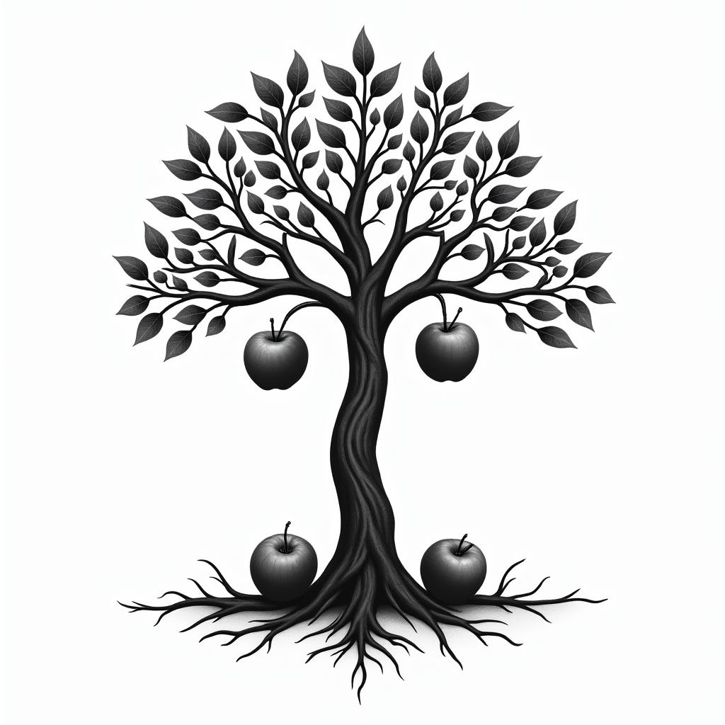 Life tree, 2 apples, 1 on tree, 1 on groundin ornamental tattoo style, featuring intricate symmetrical patterns and floral designs, showcasing highly detailed line work and geometric shapes, creating a sense of elegance and balance - Variation 3