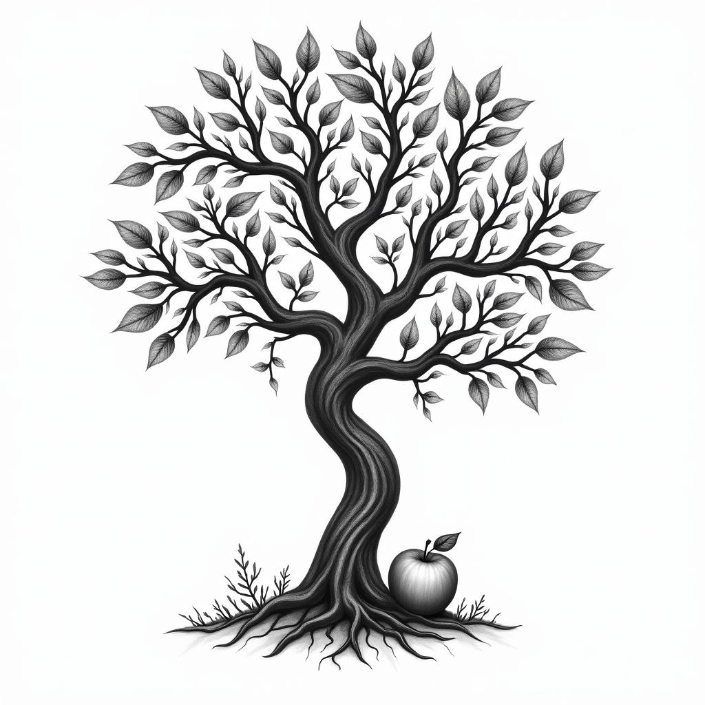Life tree, 2 apples, 1 on tree, 1 on groundin ornamental tattoo style, featuring intricate symmetrical patterns and floral designs, showcasing highly detailed line work and geometric shapes, creating a sense of elegance and balance - Variation 2