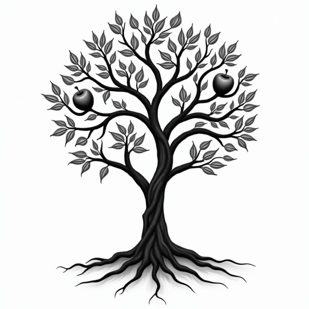 Life tree, 2 apples, 1 on tree, 1 on groundin ornamental tattoo style, featuring intricate symmetrical patterns and floral designs, showcasing highly detailed line work and geometric shapes, creating a sense of elegance and balance - Variation 1