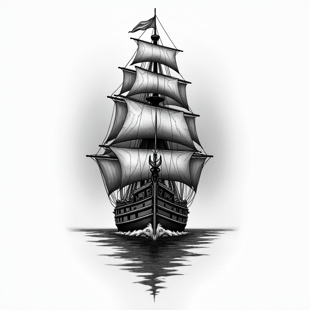 A chest tattoo with a front facing ship, the top of the ship must be at the neck linehigly detailed tattoo - Variation 1