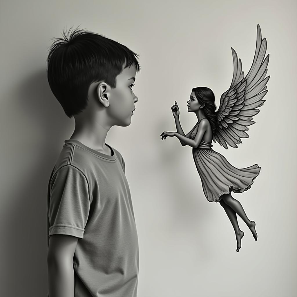 Little boy looking up at floating mom angel asking...." Are you proud of me now mom?"in Modest style tattoo, featuring soft, delicate line work with simple and meaningful symbols, gentle waves, a heart, evoking a sense of serenity and grace, - Variation 3