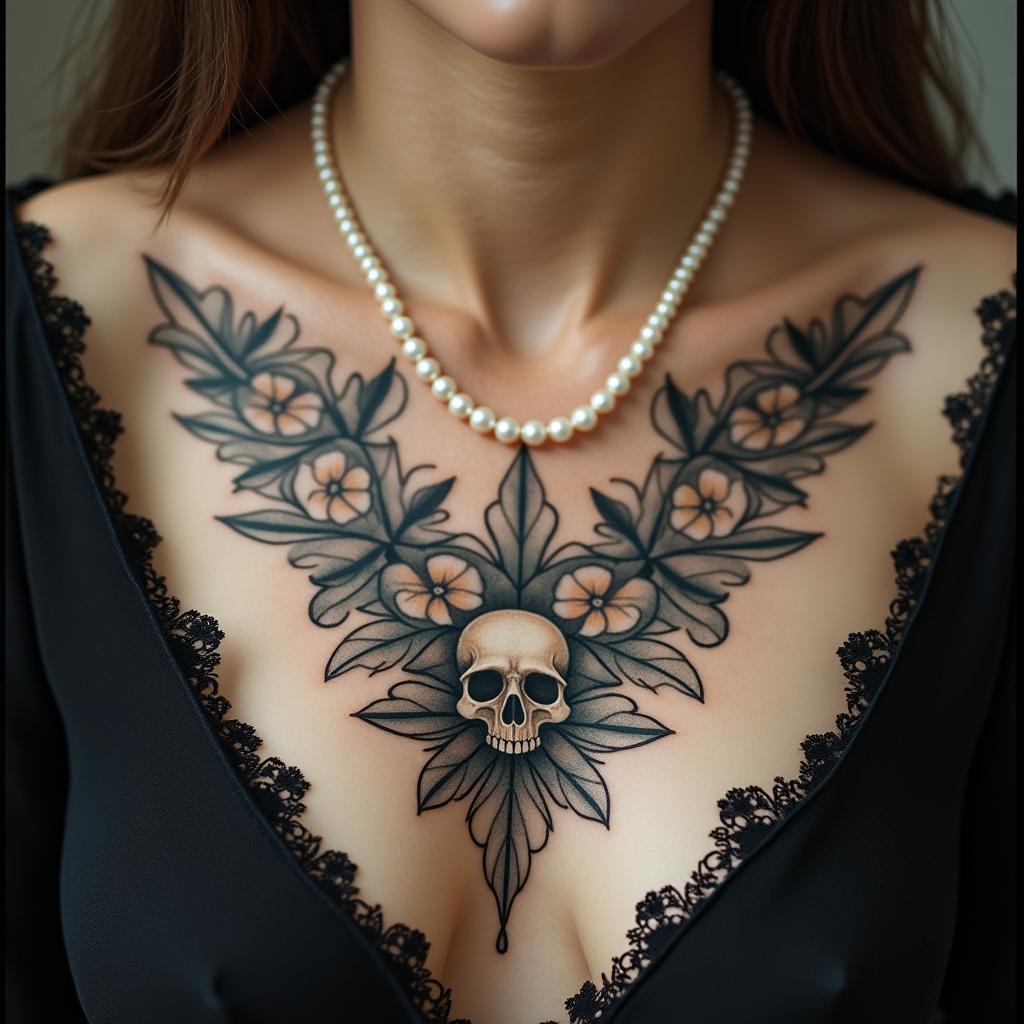 Delicate cross, pearl necklace, flower, skullin victorian style tattoo, featuring vintage and elegant elements, ornate frames, roses, antique, sepia-toned color scheme - Variation 4