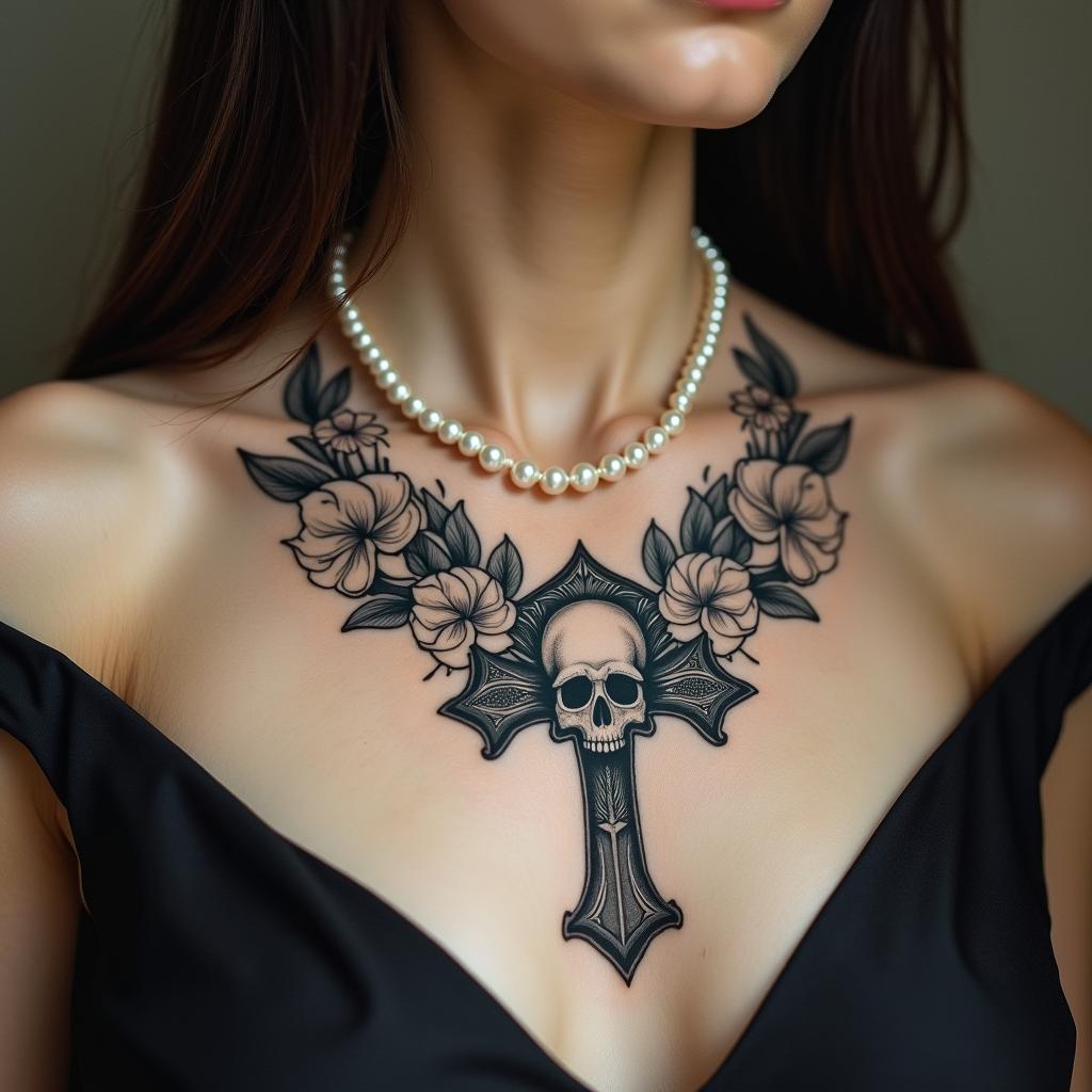Delicate cross, pearl necklace, flower, skullin victorian style tattoo, featuring vintage and elegant elements, ornate frames, roses, antique, sepia-toned color scheme - Variation 2