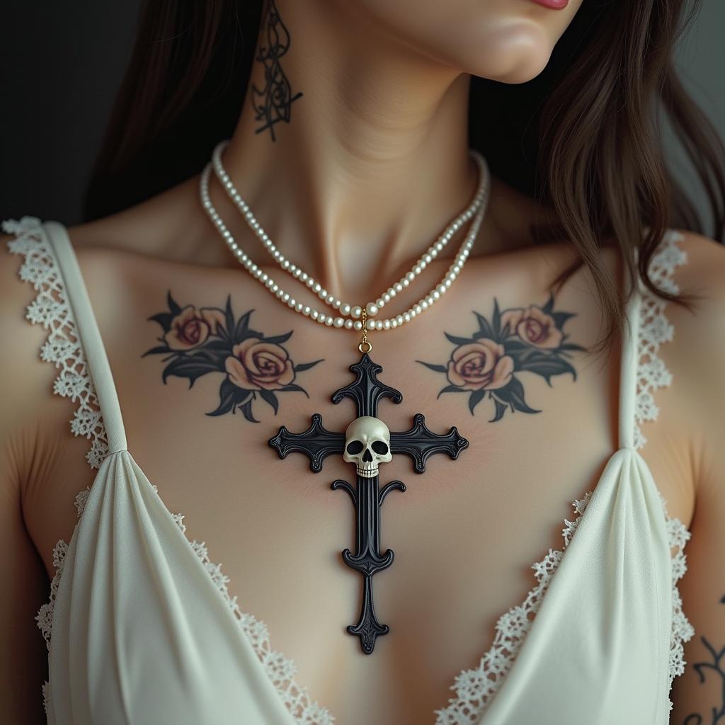 Delicate cross, pearl necklace, flower, skullin victorian style tattoo, featuring vintage and elegant elements, ornate frames, roses, antique, sepia-toned color scheme