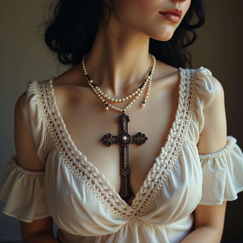 Delicate cross, pearl necklace, flower, skullin victorian style tattoo, featuring vintage and elegant elements, ornate frames, roses, antique, sepia-toned color scheme - Variation 3