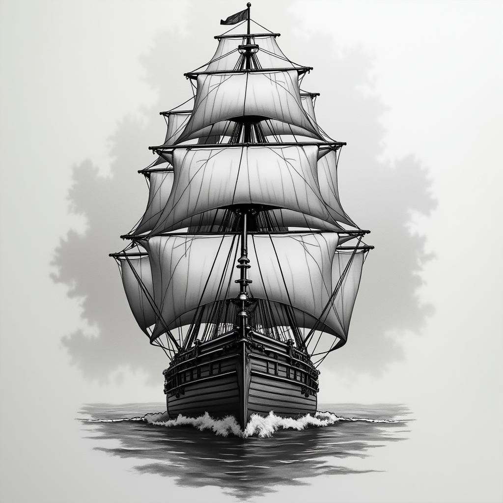 A chest tattoo with a front facing ship, the top of the ship must be at the neck linein realism tattoo style, featuring a highly detailed, lifelike, capturing every detail, photorealistic, ultra realistic, intricate shading, smooth and sharp,   - Variation 6
