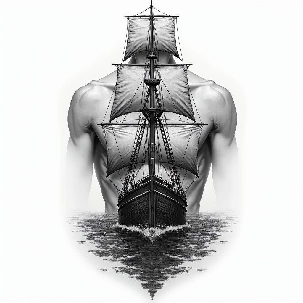 A chest tattoo with a front facing ship, the top of the ship must be at the neck linein realism tattoo style, featuring a highly detailed, lifelike, capturing every detail, photorealistic, ultra realistic, intricate shading, smooth and sharp,   - Variation 5