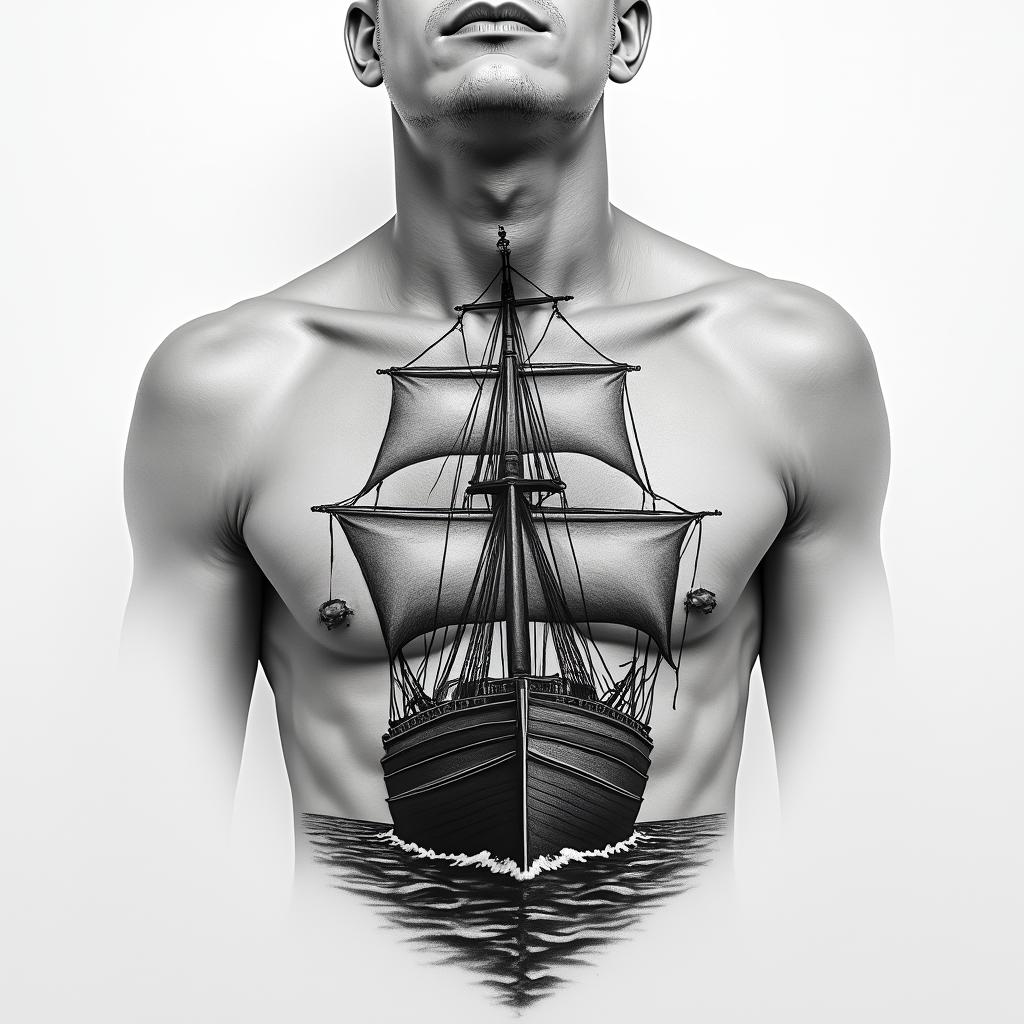 A chest tattoo with a front facing ship, the top of the ship must be at the neck linein realism tattoo style, featuring a highly detailed, lifelike, capturing every detail, photorealistic, ultra realistic, intricate shading, smooth and sharp,   - Variation 4