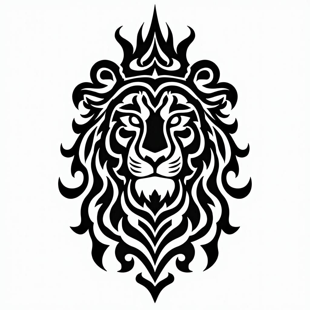 Lioness with crown on headin tribal tattoo style, featuring bold and black geometric shapes, curved lines, intertwine and flow seamlessly, creating a powerful and symbolic design, polynesian and maori styles - Variation 12