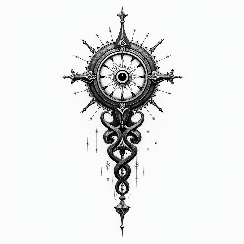 Luis Angel, Escorpioin spiritual symbols tattoo style, featuring an intricate design incorporating elements, Hamsa hand, third eye, minimalist composition - Variation 2