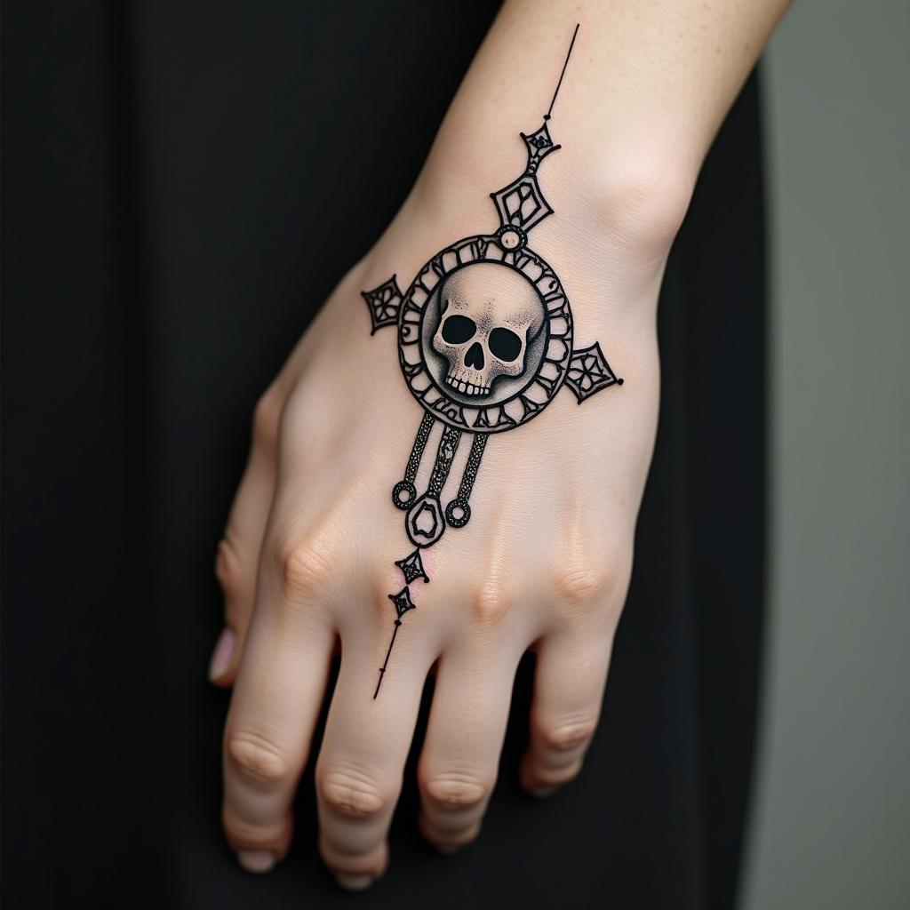 Delicate cross, chain, flower, skull in geometric style tattoo, blending hexagons, mandala-inspired patterns, symmetrical and fractal design, clean lines, sharp angles - Variation 4