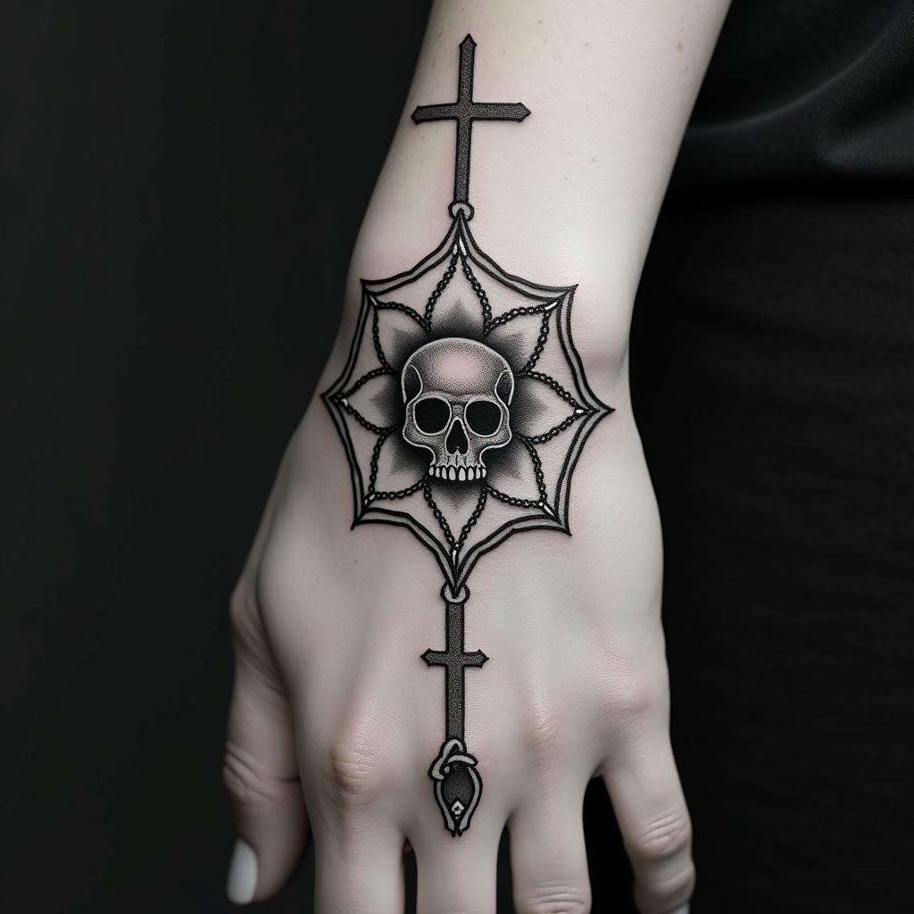 Delicate cross, chain, flower, skull in geometric style tattoo, blending hexagons, mandala-inspired patterns, symmetrical and fractal design, clean lines, sharp angles - Variation 2