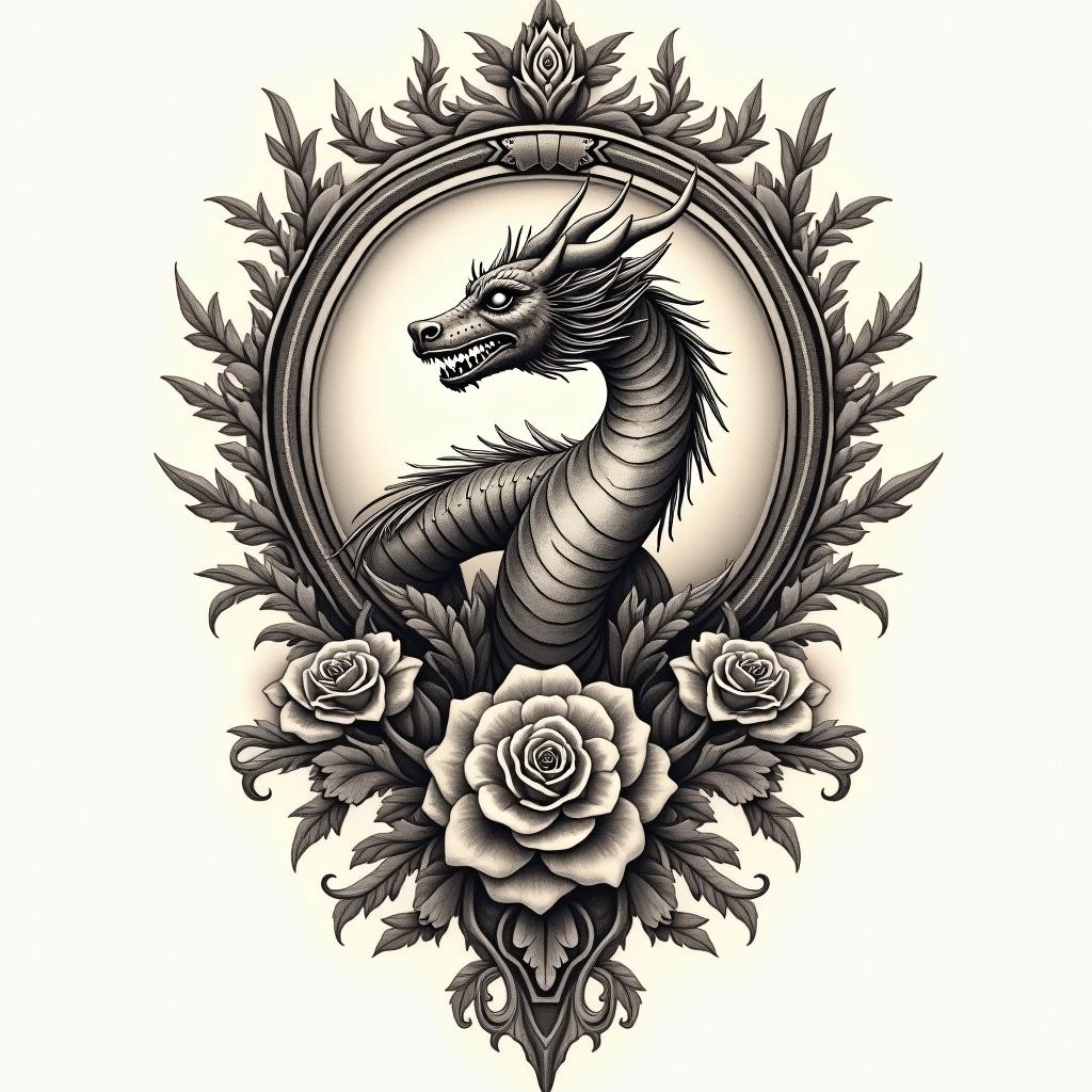 Zoroastrian. Dragon.in victorian style tattoo, featuring vintage and elegant elements, ornate frames, roses, antique, sepia-toned color scheme - Variation 7