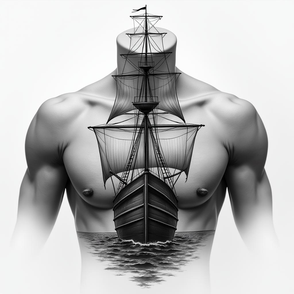 A chest tattoo with a front facing ship, the top of the ship must be at the neck linein realism tattoo style, featuring a highly detailed, lifelike, capturing every detail, photorealistic, ultra realistic, intricate shading, smooth and sharp,   - Variation 2