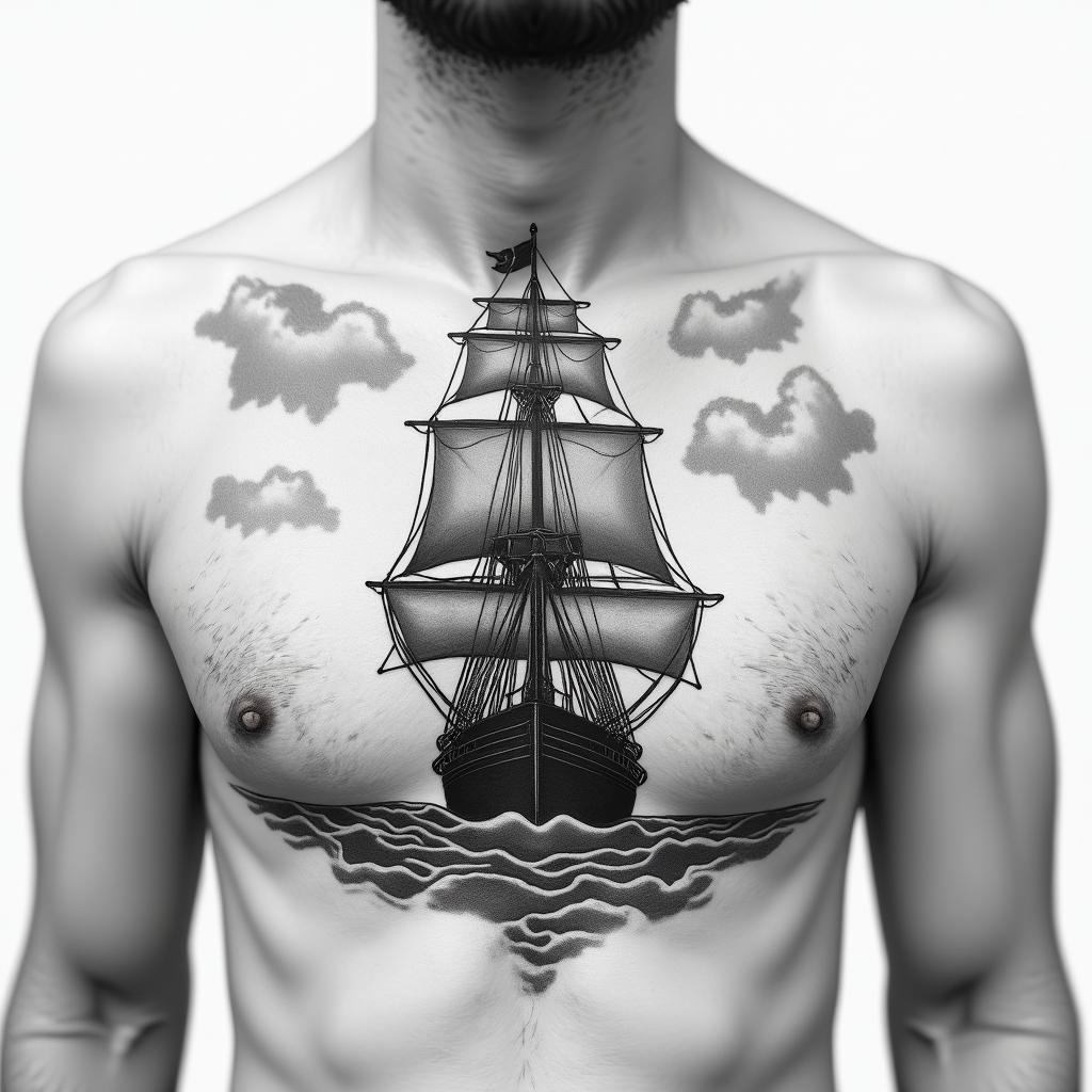 A chest tattoo with a front facing ship, the top of the ship must be at the neck linein realism tattoo style, featuring a highly detailed, lifelike, capturing every detail, photorealistic, ultra realistic, intricate shading, smooth and sharp,   - Variation 3