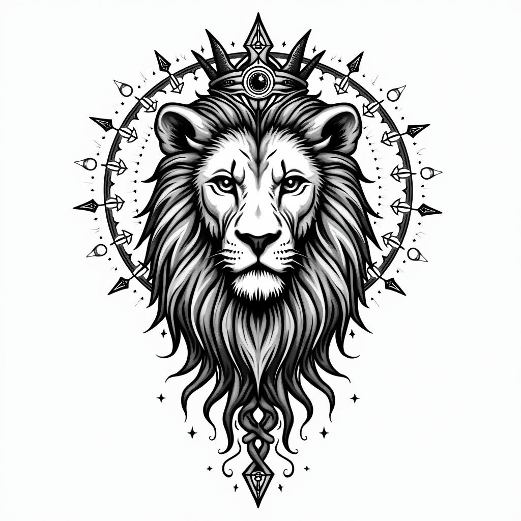 Lioness with crown on headin prophecy tattoo style, featuring mystical symbols, celestial imagery like stars, moons, suns, geometric patterns, foretelling elements, an eye of wisdom - Variation 11